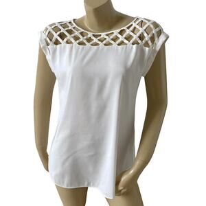 EXPRESS Womens Size XS Off White Cream Mesh Front Short Sleeve Scoop Neck Shirt
